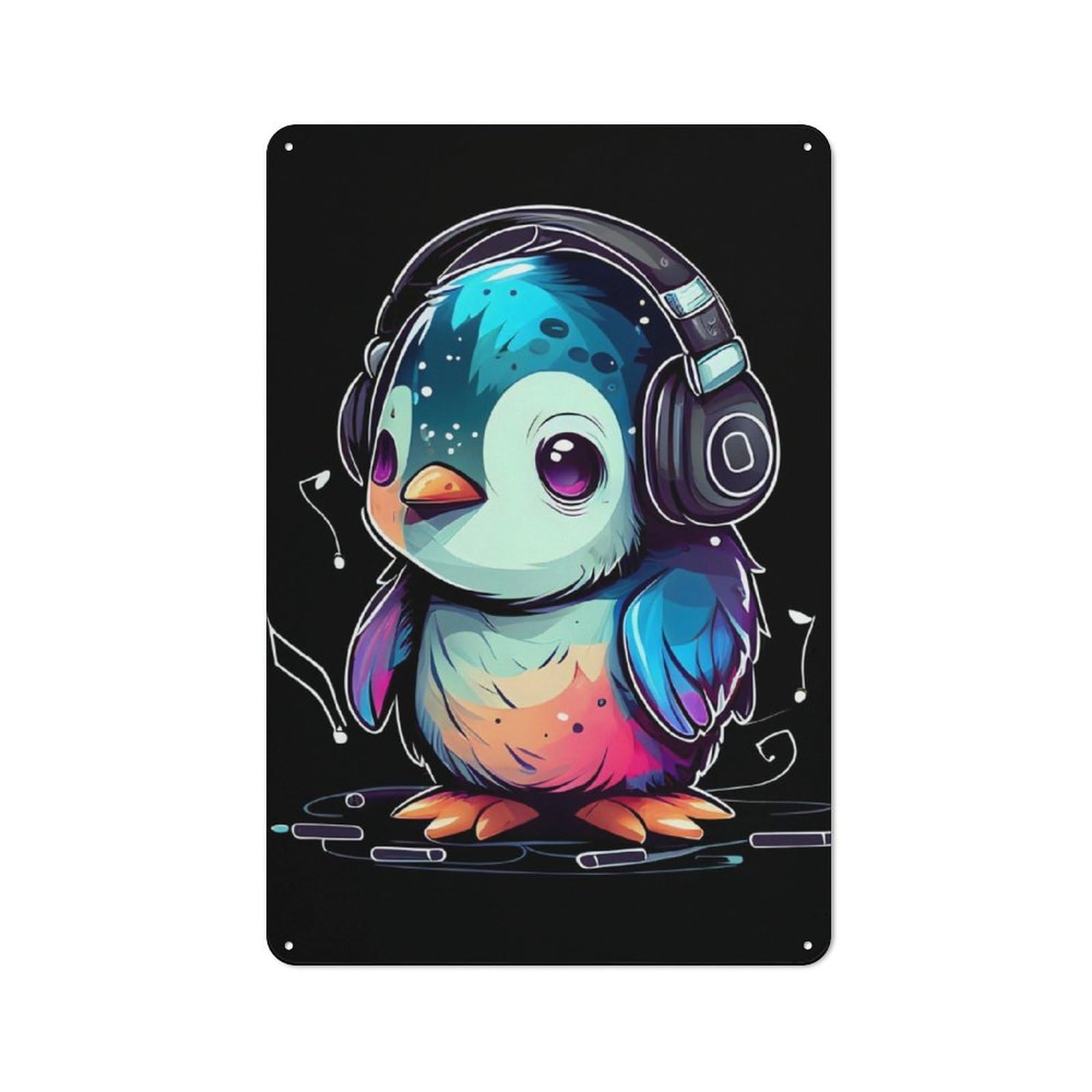Cottage Style Baby Penguin with Headphon Country Metal Sign 30x20cm, Farmhouse Wall Decor for Farmhouse Kitchen, Pantry Or Dining Area