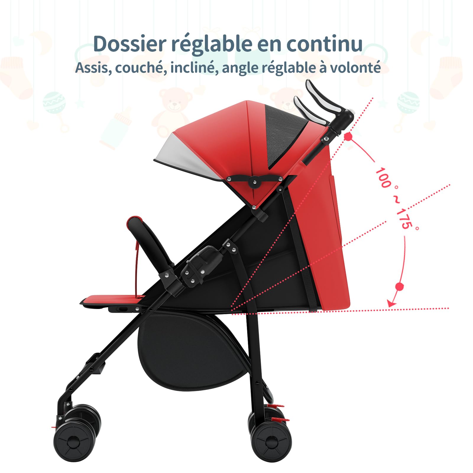 Poussette canne compacte, avec position allongée, de la naissance à 4 ans (Jusqu’à 25 kg), Assis ou couché, Poignée réglable, Landau à 4 roues avec tapis en coton + moustiquaire - 47*72*97CM - Rouge