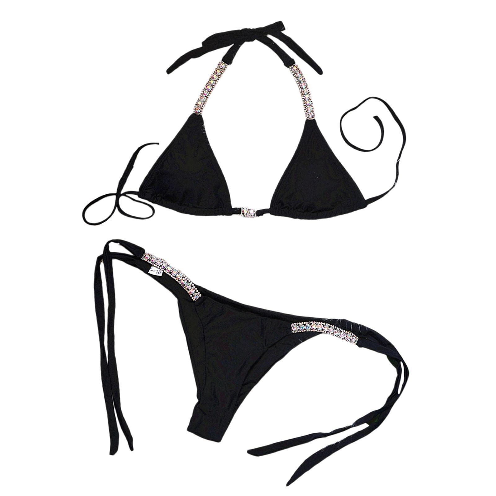 nivaa Women Sexy Swimsuit Push Up Bras Rhinestone Bikini Set Bathing Suit M Black-picture-15