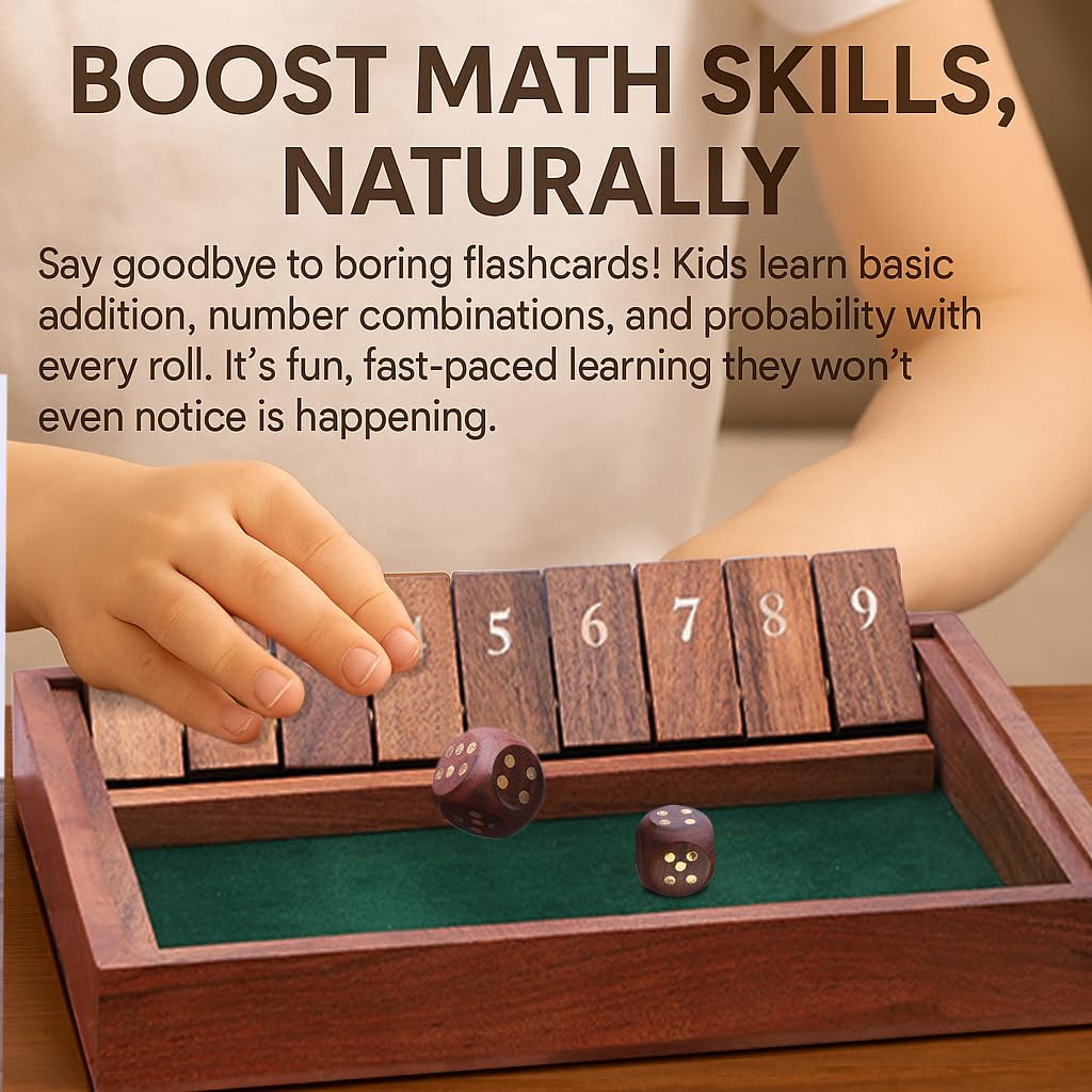 Ajuny Shut The Box Game (1-2 Players) Wooden Dice Math Game with 9 Flip Tiles | Educational Board Game for Kids & Adults | Tabletop Family Travel Fun - 11 Inch - Image 3