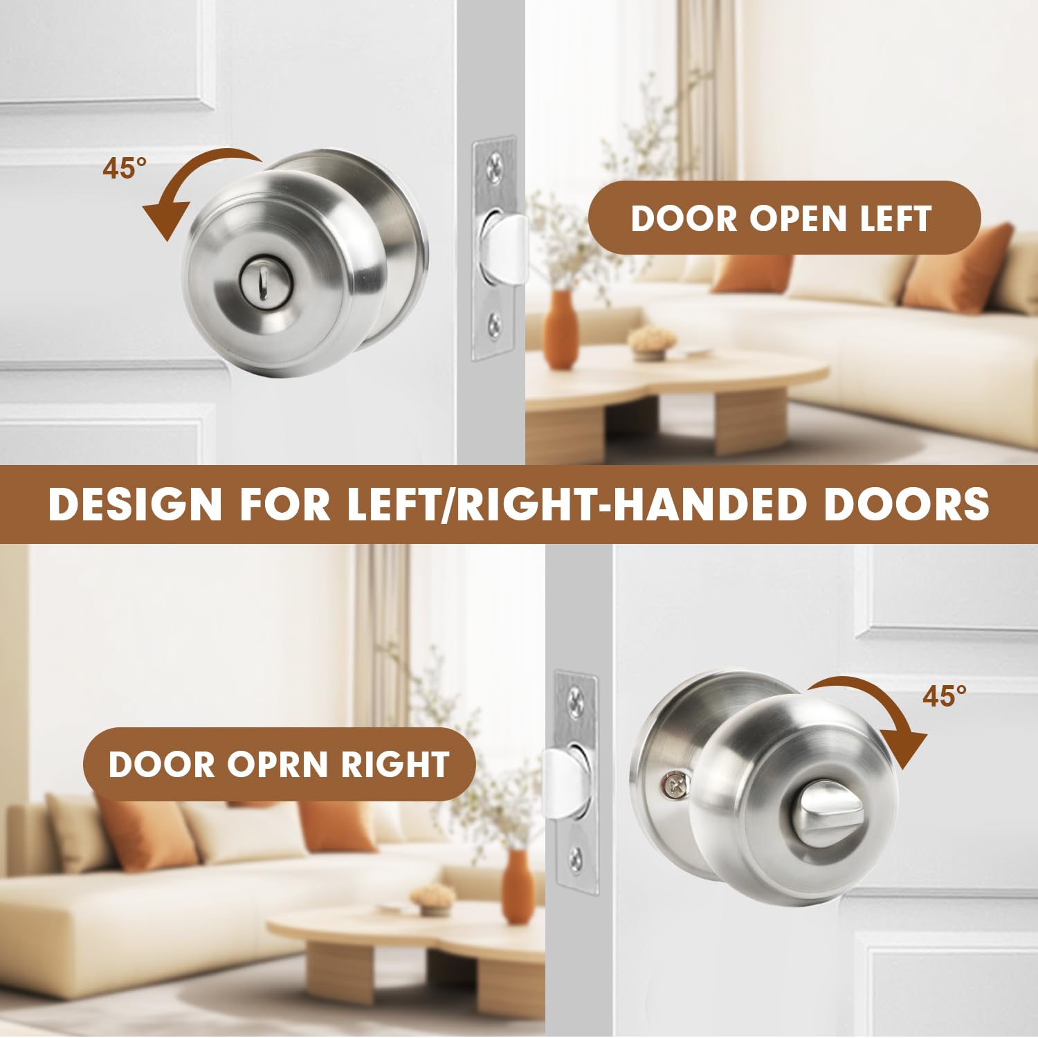 Satin Nickel Privacy Door Knobs - 4 Pack Locksets -6