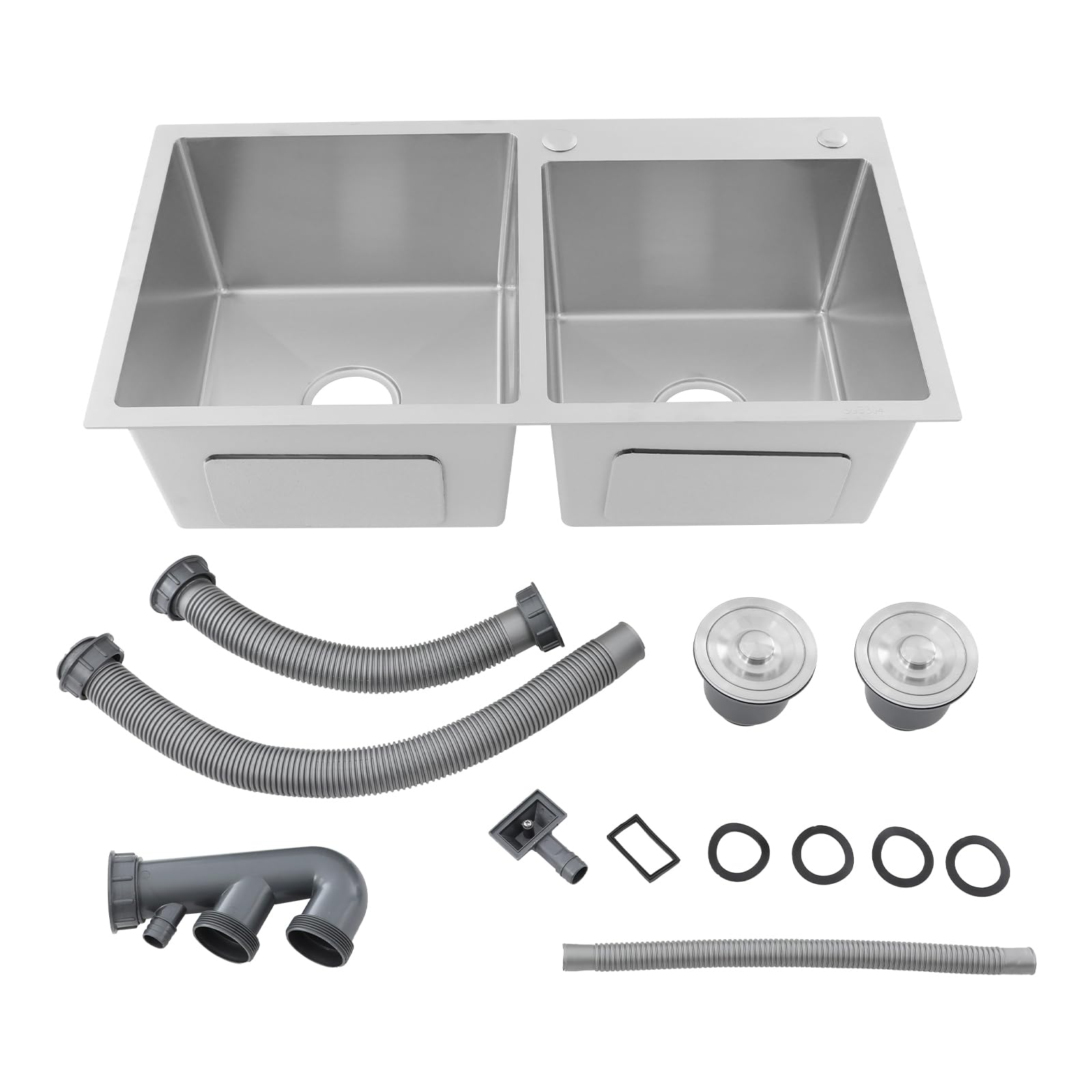 80 x 45 x 22 cm, doppio lavello da incasso, 2 vasche in acciaio inox, con set di sifone e filtro in acciaio inox, facile da pulire (argento)