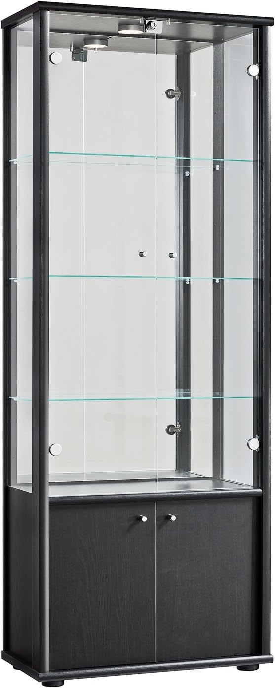 2 Door Glass Display Cabinet with Storage, Wood, Black, Double
