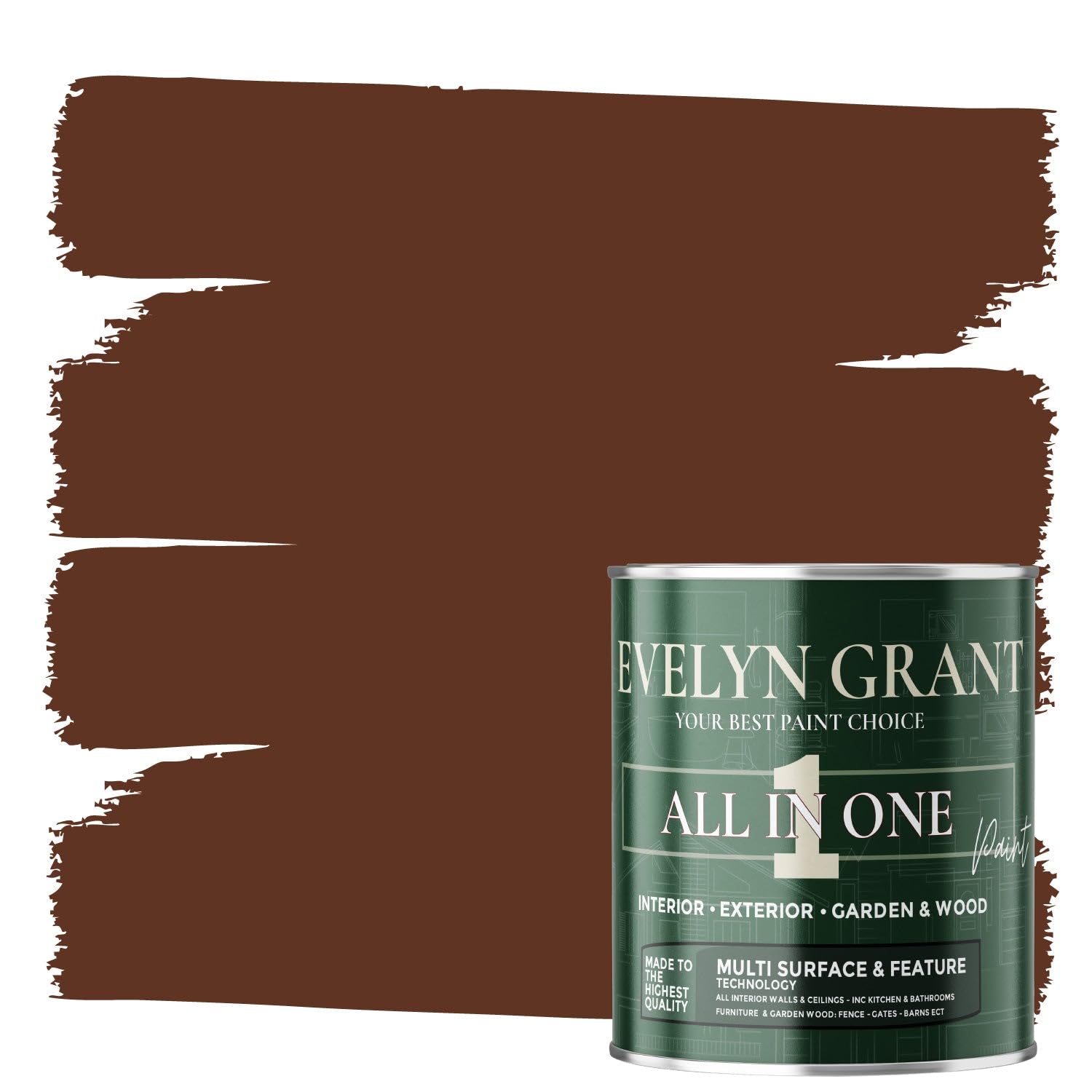 Evelyn Grant All-IN-ONE Paint & Primer - Multi-Surface Paint For Interior Walls, Outdoor Garden & Exterior Walls, Wood Furniture | High Durability Multi-Feature - Belgium Chocolate - 1L - Matt — image 1
