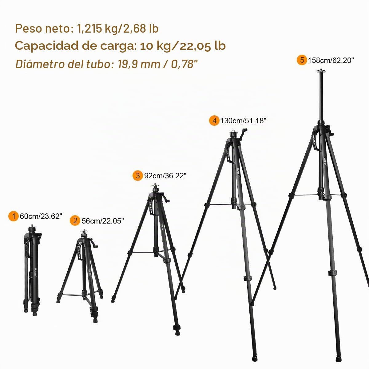 Huepar Trípode 1,6 m Cabeza plana Trípode de aluminio para nivel láser, Con burbuja horizontal, con rosca macho de 5/8 "-11 y adaptador de tornillo de 1/4" -20, Bolsa de transporte incluida - TPD16