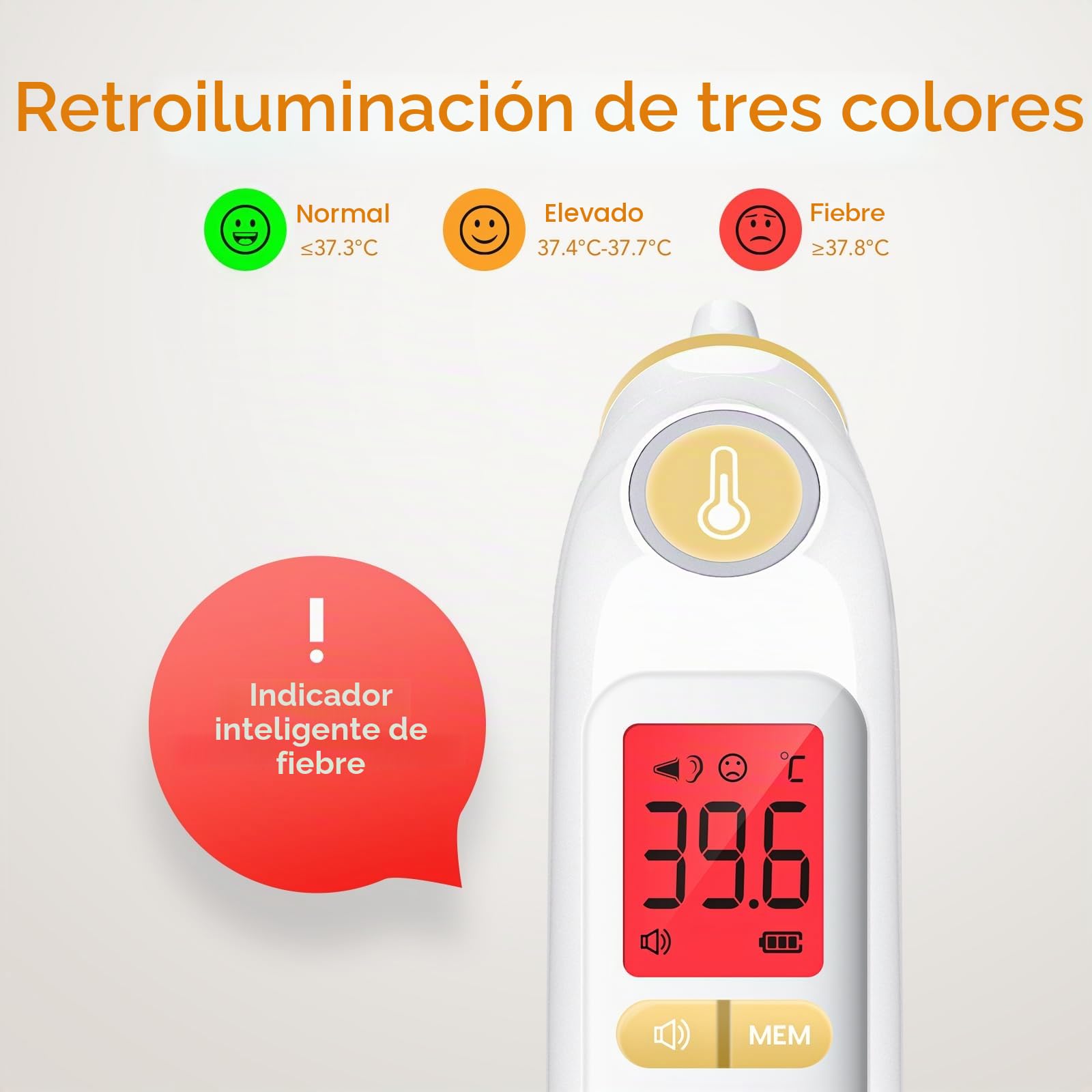 Termómetro de oído, termómetro digital infrarrojo para bebé y adulto, con 24 tapas protectoras desechables (amarillo)