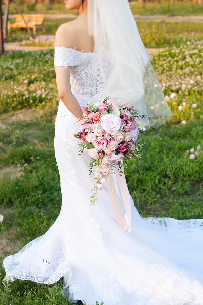 12 Inch Cascade Wedding Bouquets for Bride, Fuchsia & Pink Cascading Bridal Bouquet for Wedding Silk Artificial Flowers