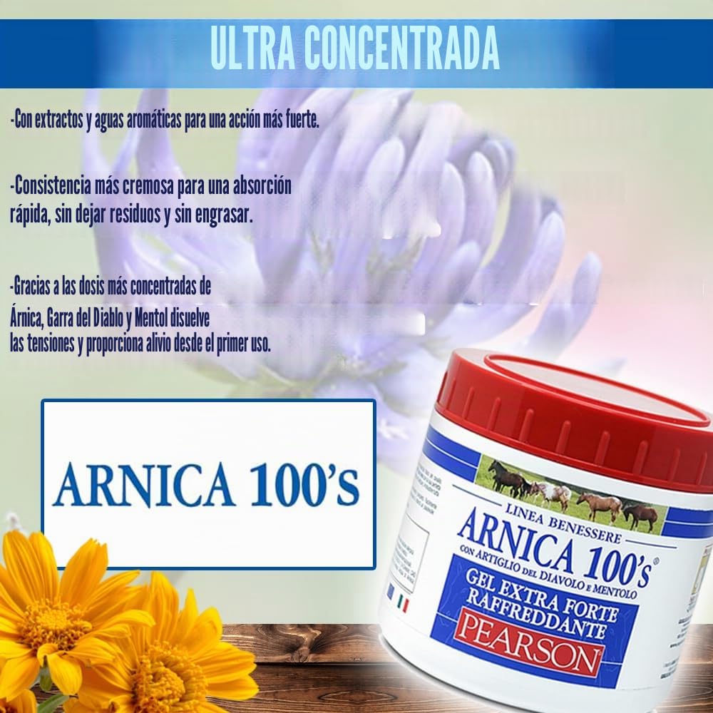 Arnica 100'S - Arnica para Caballos, Gel refrecante Extra Forte de Pearson [500ml], Arnica Gel Forte, Crema con Garra del Diablo y mentol. Pomada regeneradora y Relajante.