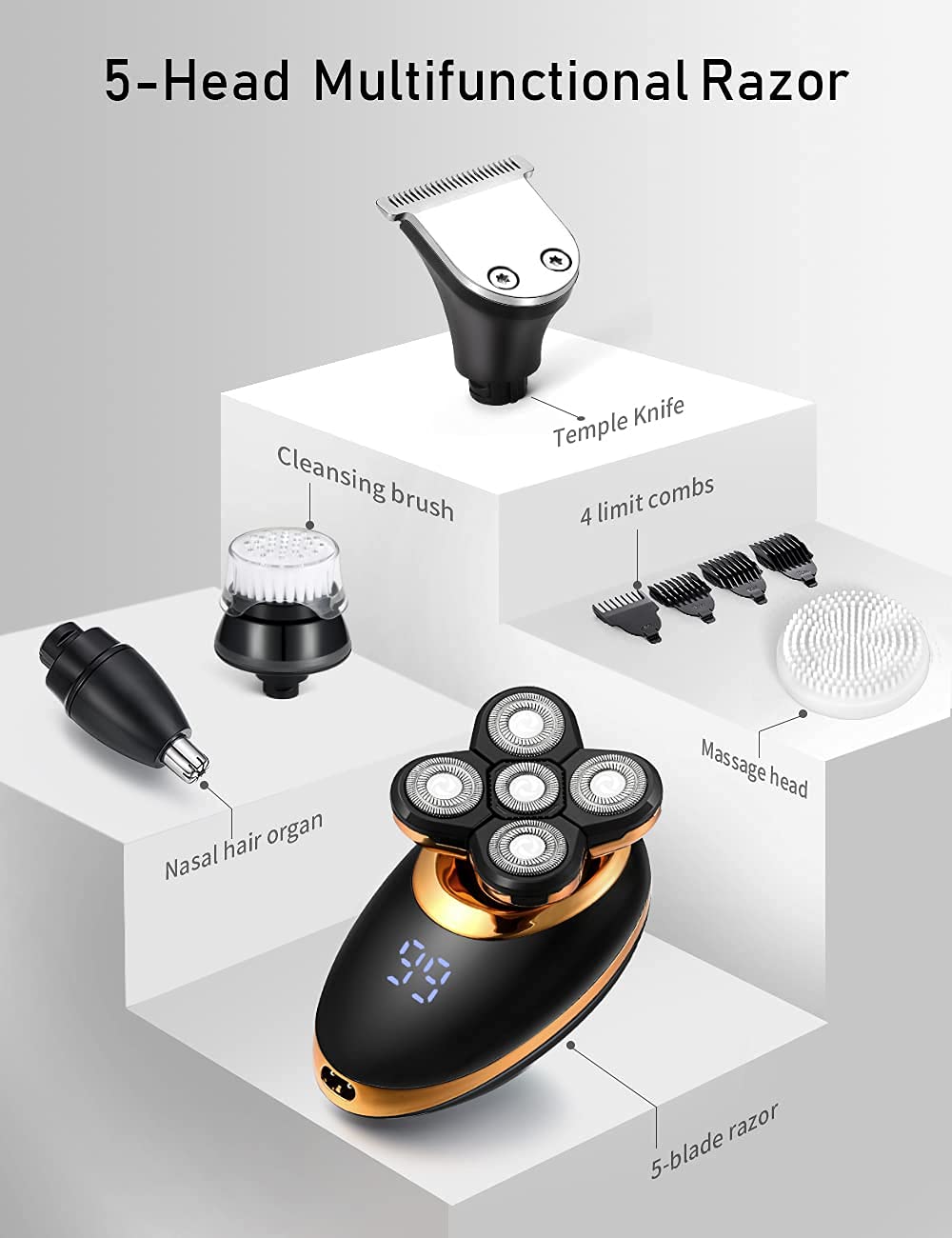 Afeitadora de cabeza eléctrica 5 en 1 para hombres calvos – Afeitadora de cabeza para hombres – Anti-pellizco – Diseño ergonómico – inalámbrico y recargable. (dorado)