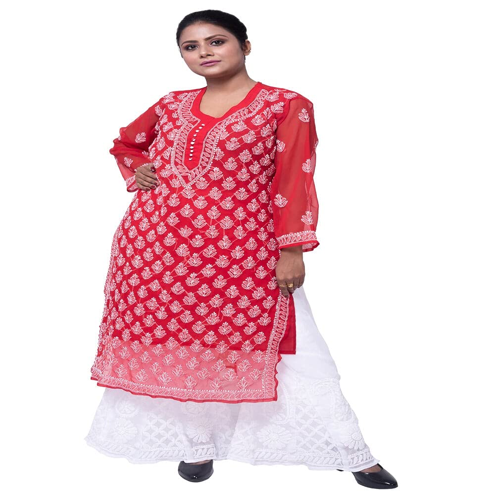 Fawoment Women's Georgette Straight Kurta (FAW/21006R/M_Red_M)