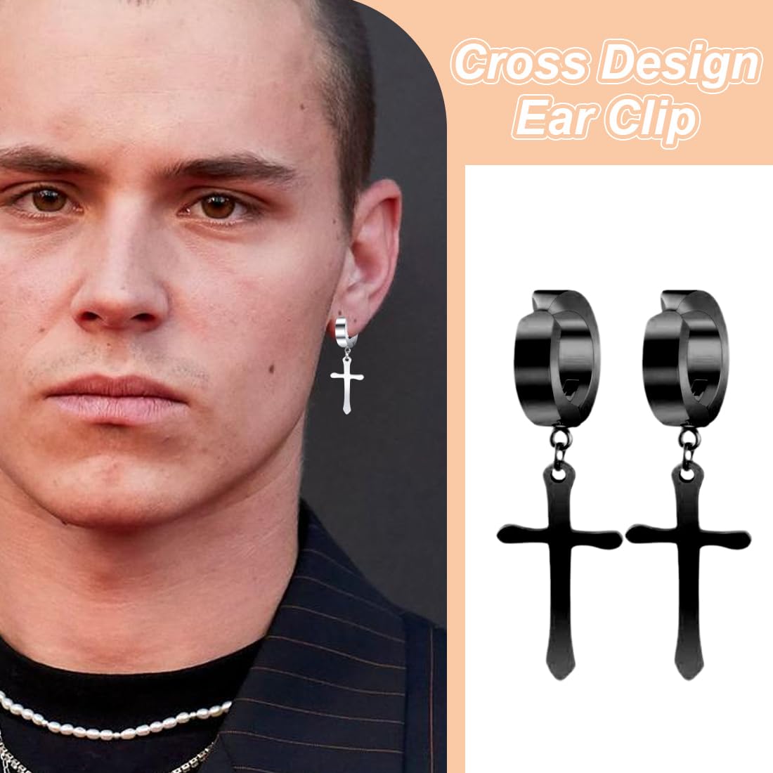 3 pares de pendientes de cruz, pendientes colgantes de cruz, acero inoxidable, pendientes de clip, juego de pendientes punk para hombre y mujer (negro, plateado, dorado)