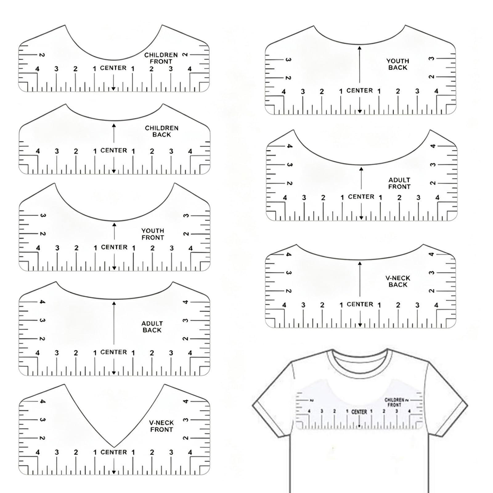 T Shirt Alignment Tool 8 Pack Transparent PVC Ruler Guide Set for HTV Vinyl Printing Sewing Adults Youth Kids