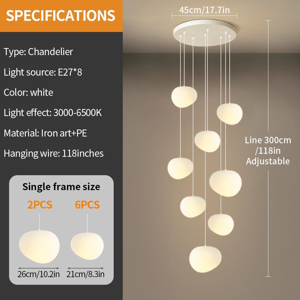 Modern E27 Hängelampe Pebble Pendelleuchte Wohnzimmerlamp Polystyrol-Kunststoffschirm Treppe Hängeleuchte Xuanguan Schlafzimmer Esszimmer Küchenlampe Höhenverstellbar Lampen(Warmes Licht,8-head)