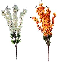 باقة زهور صناعية جميلة للفازة من سوفكس كريز وخوخ لتزيين المنزل والمكتب وديكور الفندق - 20 بوصة - 50 سم - الافضل على أمازون 2 ابيض ذهبي