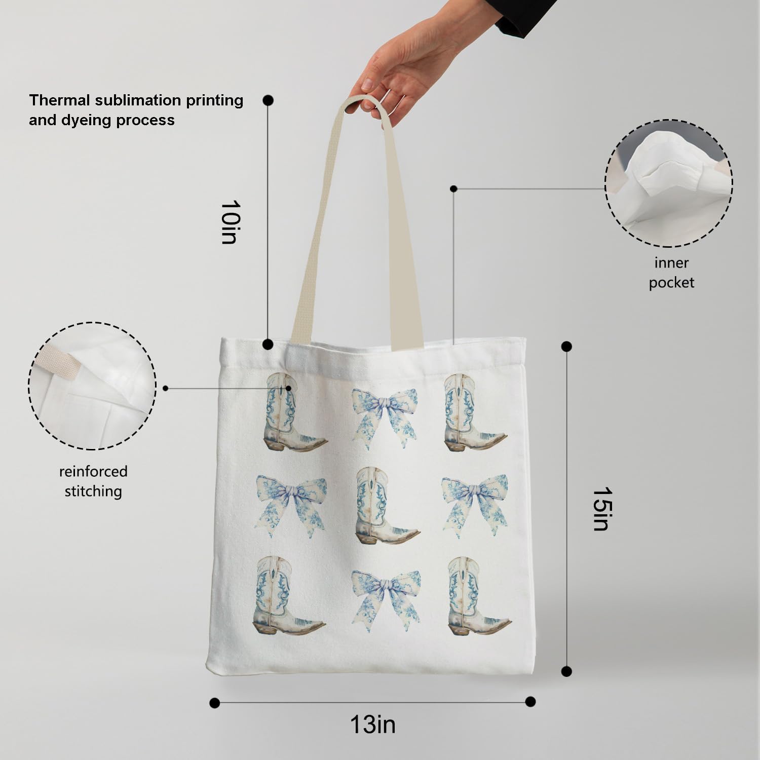 Coquette Blue Bow Western Tote Bag, Retro Blue Coastal Cowgirl Boots Canvas Tote Bags, Western Cowgirl Stuff Gifts for Women, Preppy Cowboy Reusable Grocery Shopping Bag - Image 6