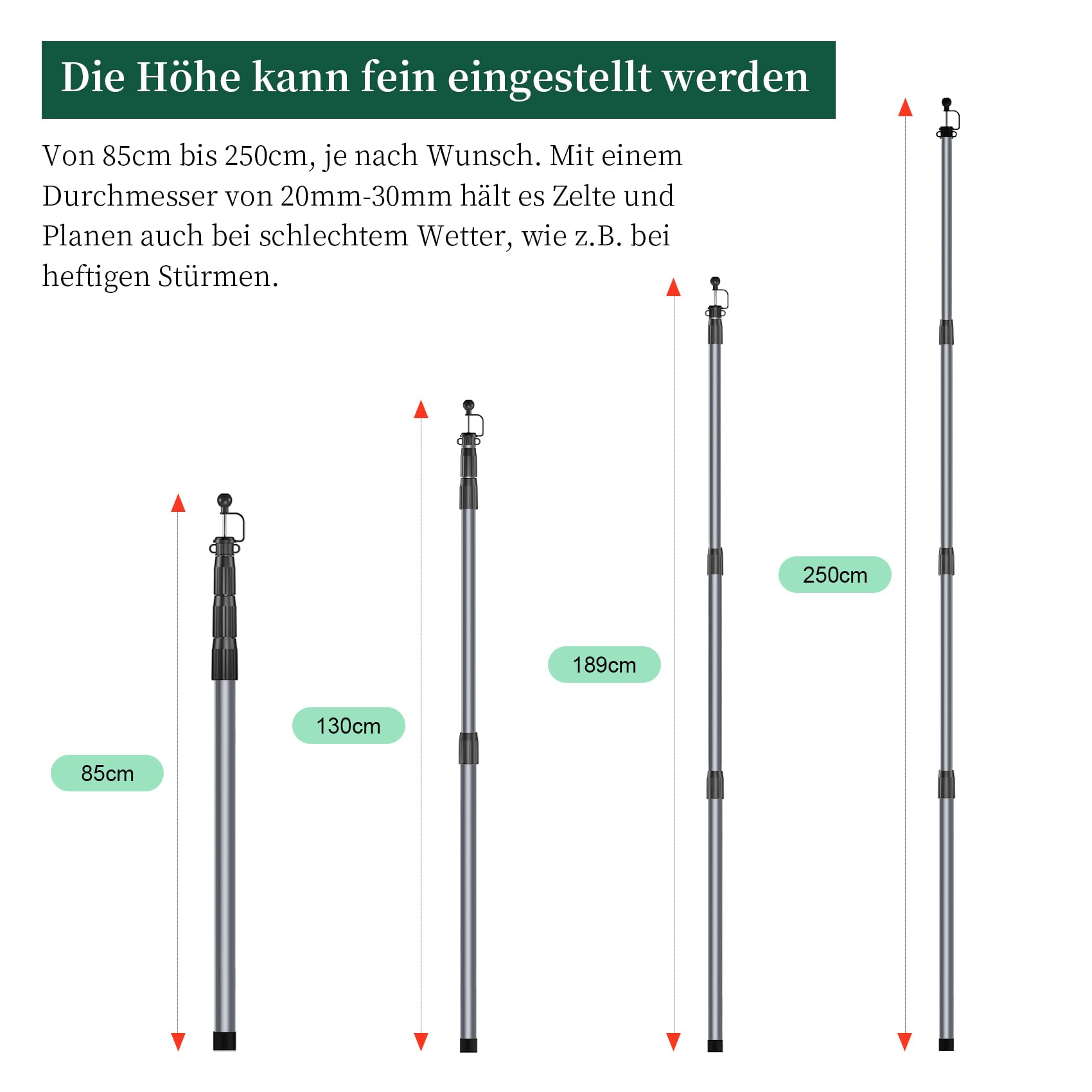 KOMCLUB Zeltstange teleskop 2er Set, Aufstellstange Teleskopstangen Stützstange aus Alu in unterschiedlichen Längen von 210/250cm für Zelt, Tarp, Sonnensegel oder Plane