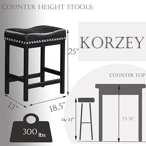 Miniatura 3 de KORZEY Juego de 3 taburetes de bar de 24 pulgadas de altura de mostrador, taburetes de bar de piel sintética, marco de metal para isla de cocina,
