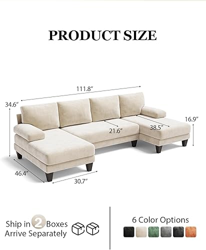Miniatura 2 de Camillas seccionales en forma de U para sala de estar  Sofá seccional de 112 pulgadas  Sofá Cheille beige con diván doble para apartamento