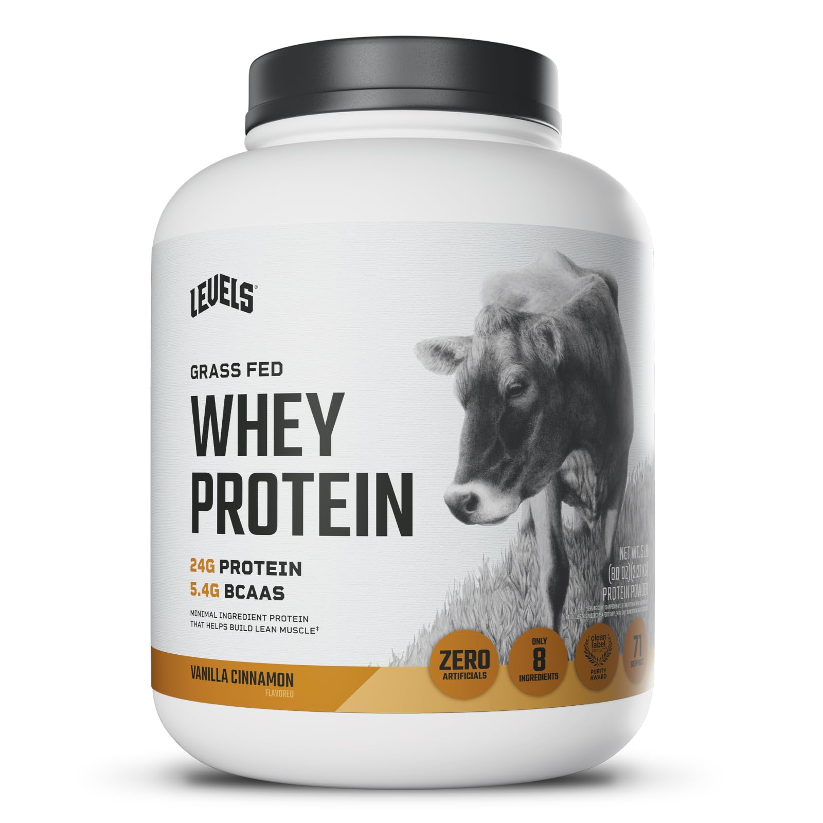 Levels Grass Fed Whey Protein Powder, No Artificials, 24G of Protein, Vanilla Cinnamon, 5LB