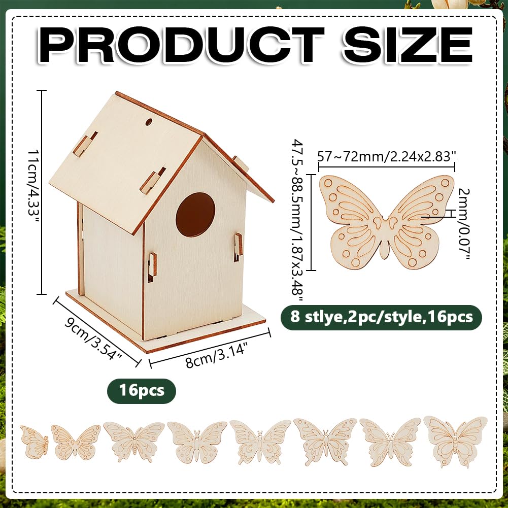 Juego de 16 casitas de madera para pájaros de mariposa, para bricolaje, sin terminar, para colgar, proyectos de manualidades de madera, para manualidades, primavera y verano, comedero para