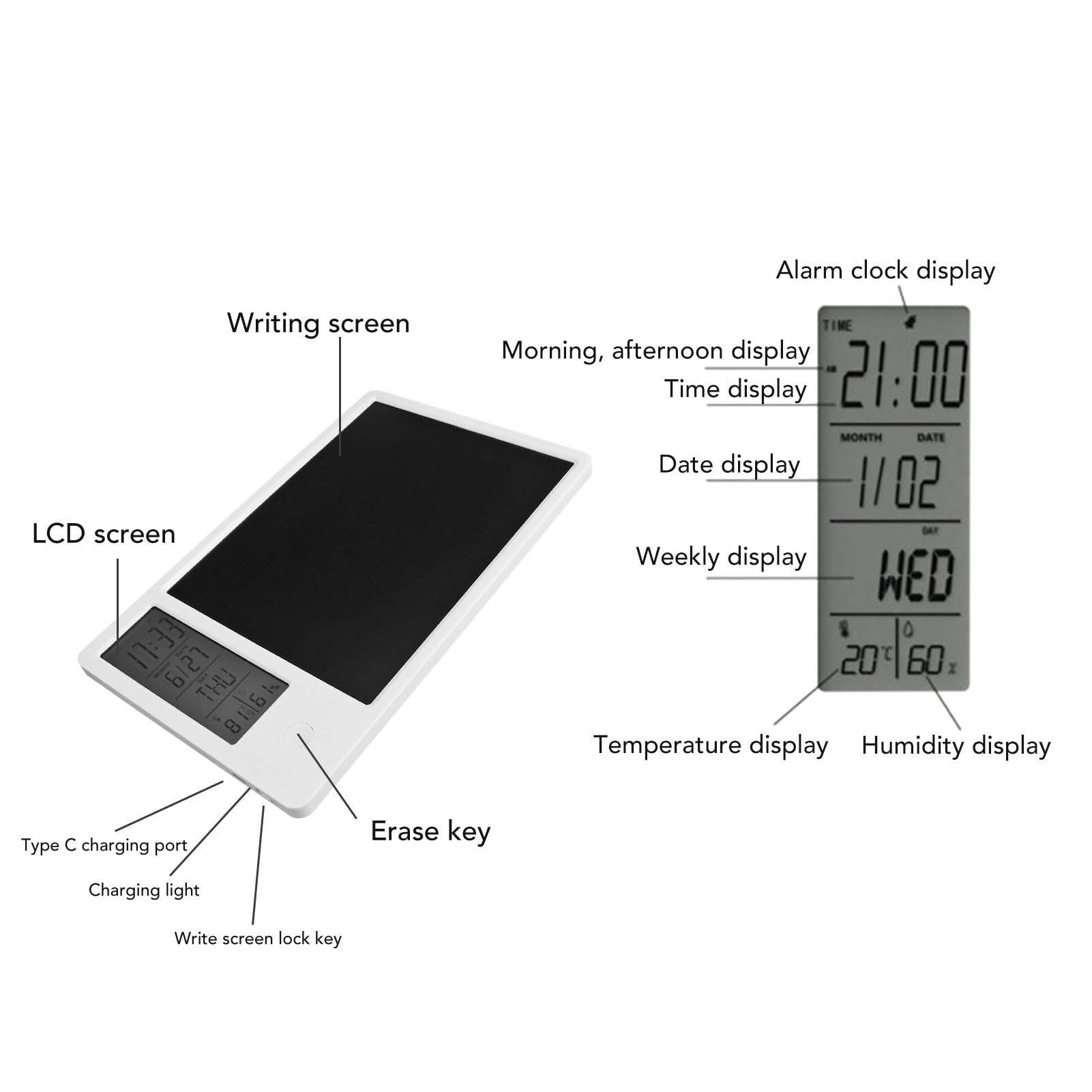 Tavoletta da scrittura LCD Lavagna elettronica ricaricabile da 10 pollici con calendario digitale portatile per ufficio, casa, lavoro (Blanco)