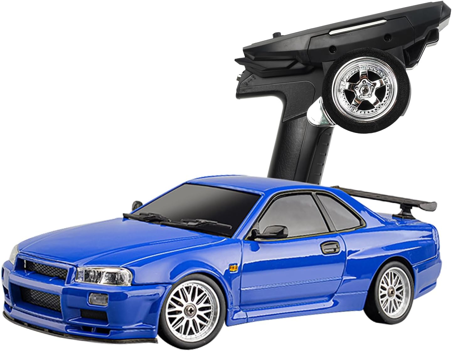 LD1899 1/18 Scale RC Drift Car, GTR R34 2.4GHz RWD Mini Model Car with Gyro, Alloy Body Shell Racing Cars for Adults Toys (Blue)