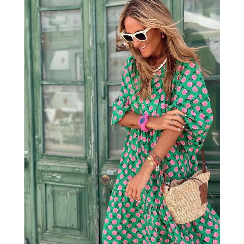 Image of Womens 2024 Casual Boho Maxi Dresses V Neck 3 /4 Puff Sleeve Geometric Pattern Smocked Ruffle Beach Long Sundress