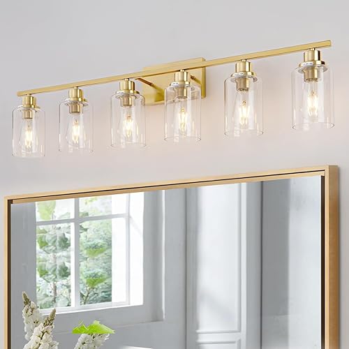 6 lámparas doradas de latón cepillado para tocador sobre el espejo, moderna lámpara de pared para baño, dormitorio, sala de estar, enchufe E26 con