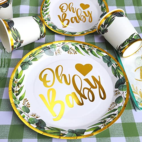 Sage Greenery Baby Shower Party Supplies - 175 Pcs Boho Neutral Disposable Dinnerware Set (25 Guest) With Oh Baby Paper Plates Napkins Cup Plastic Fork Knives Spoon For Boy Girl Birthday Party #TOP2