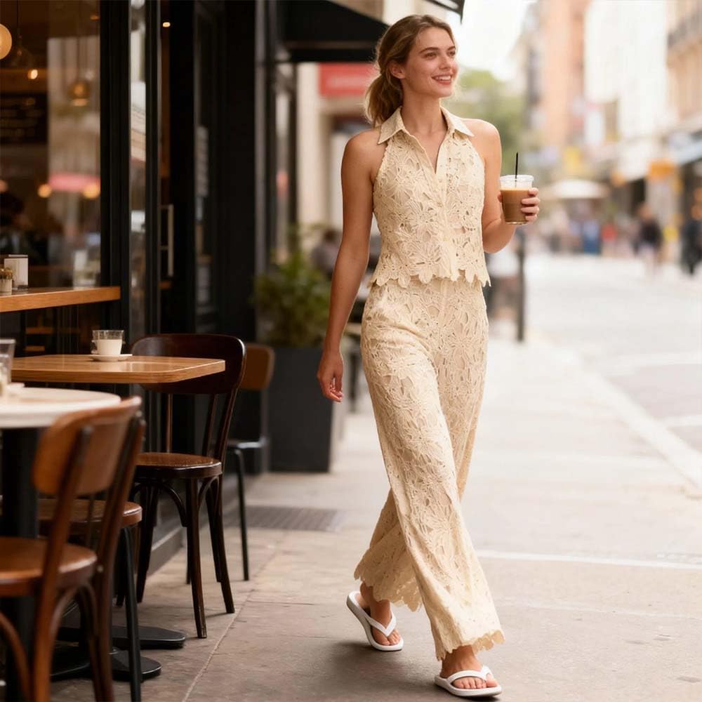Women’s Lace Two Piece Set, Sleeveless Button Front Crop Top and Wide Leg Pants Outfit for Summer Vacation
