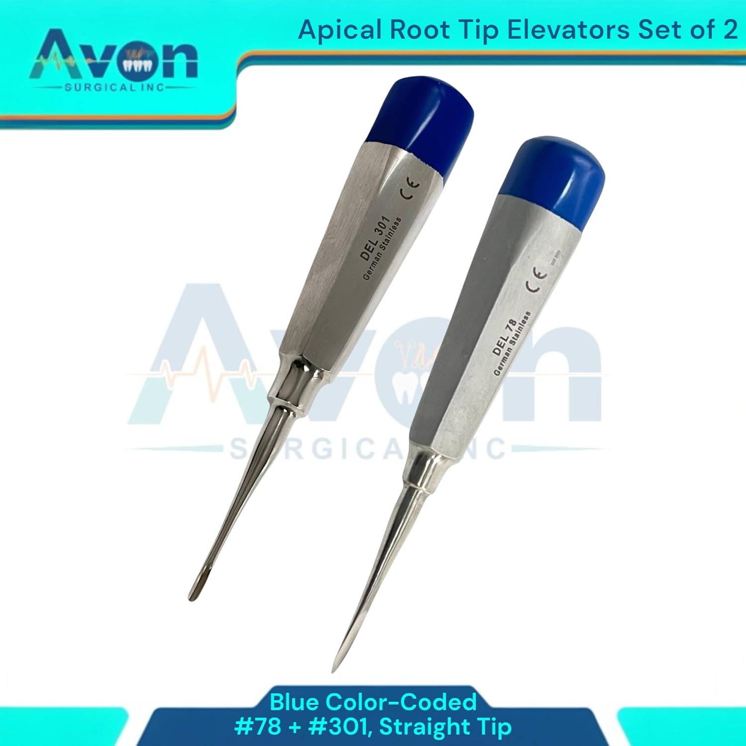 Pack of 2 Dental Tooth Extraction Apical Root Tip Pick Elevators, Straight Tipped, Lightweight Color-Coded Handle | German Stainless Steel Dental Instruments (#78 & #301)