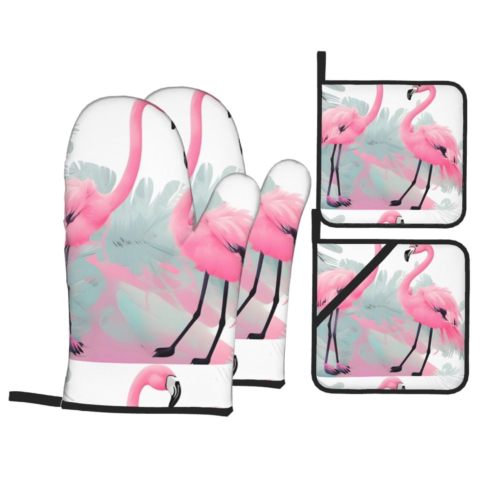 HJFCZH Pink Flamingo Prints Kitchen Throw Set: Durable Oven Layers with Waterproof Polyester – 4 Piece Heat Protection System