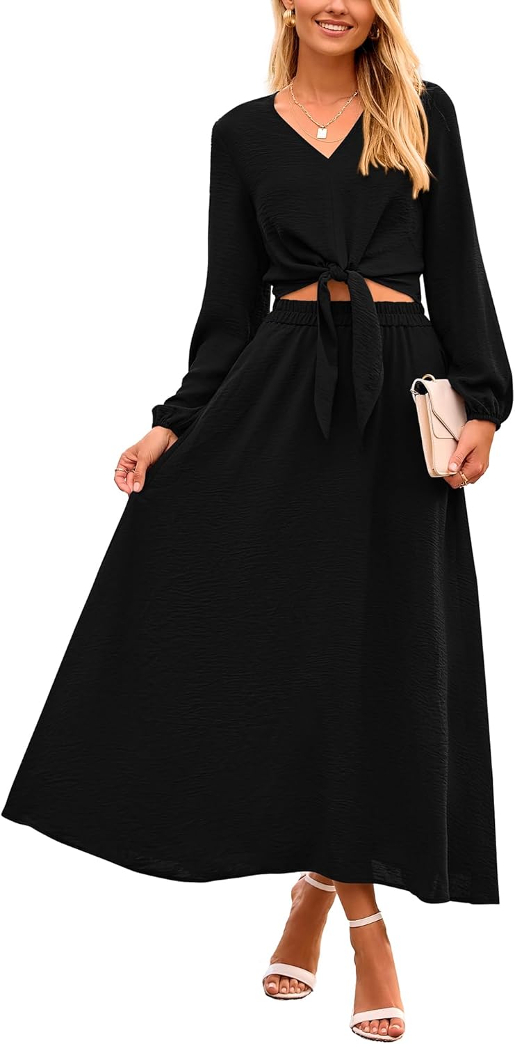 Casual 2 piece outfit with V neck and midi skirt.