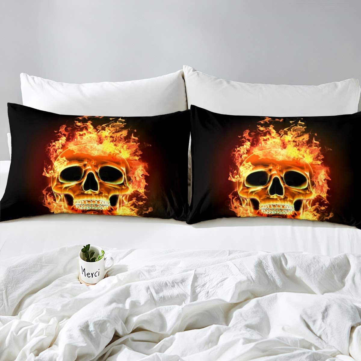 AILONEN Piumino Matrimoniale Teschio Di Fuoco 3D - Morbida Federa In Microfibra, Set Letto Scheletro Fiammeggiante Per Camera Uomo (170x215 Cm + Federe) - 3