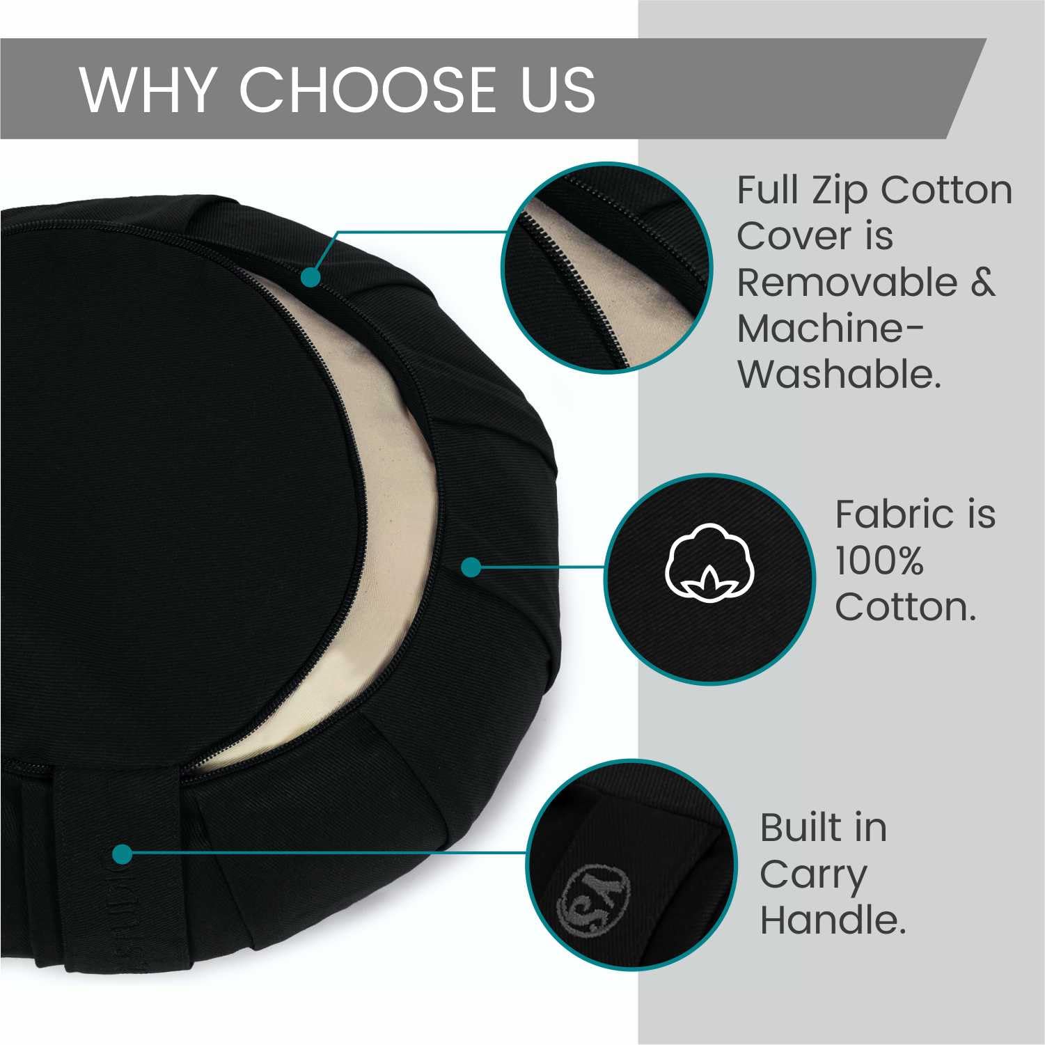Yoga Studio YS Med/Cush/Black/Lot Cojín de meditación de alforfón de zafu Redondo Plisado, Color Negro, Unisex, Normal