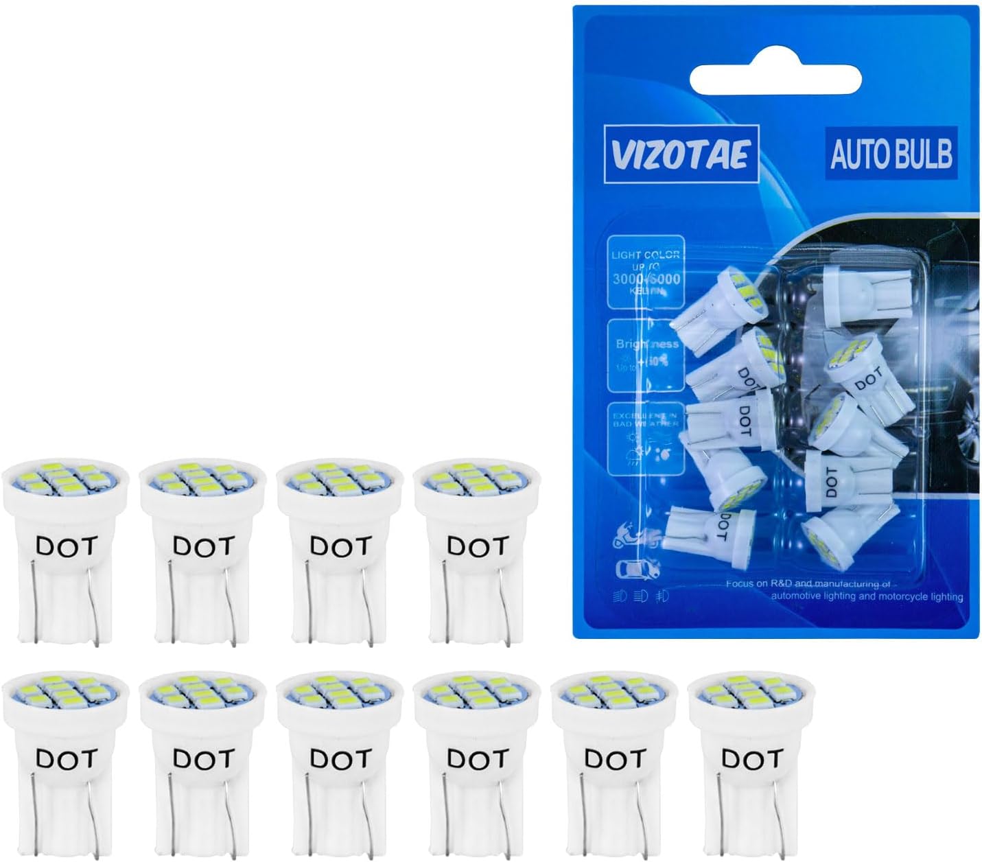 10 PCS 194 LED Bulb 6000K White 168 W5W T10 Wedge 8-SMD Mini Bulbs