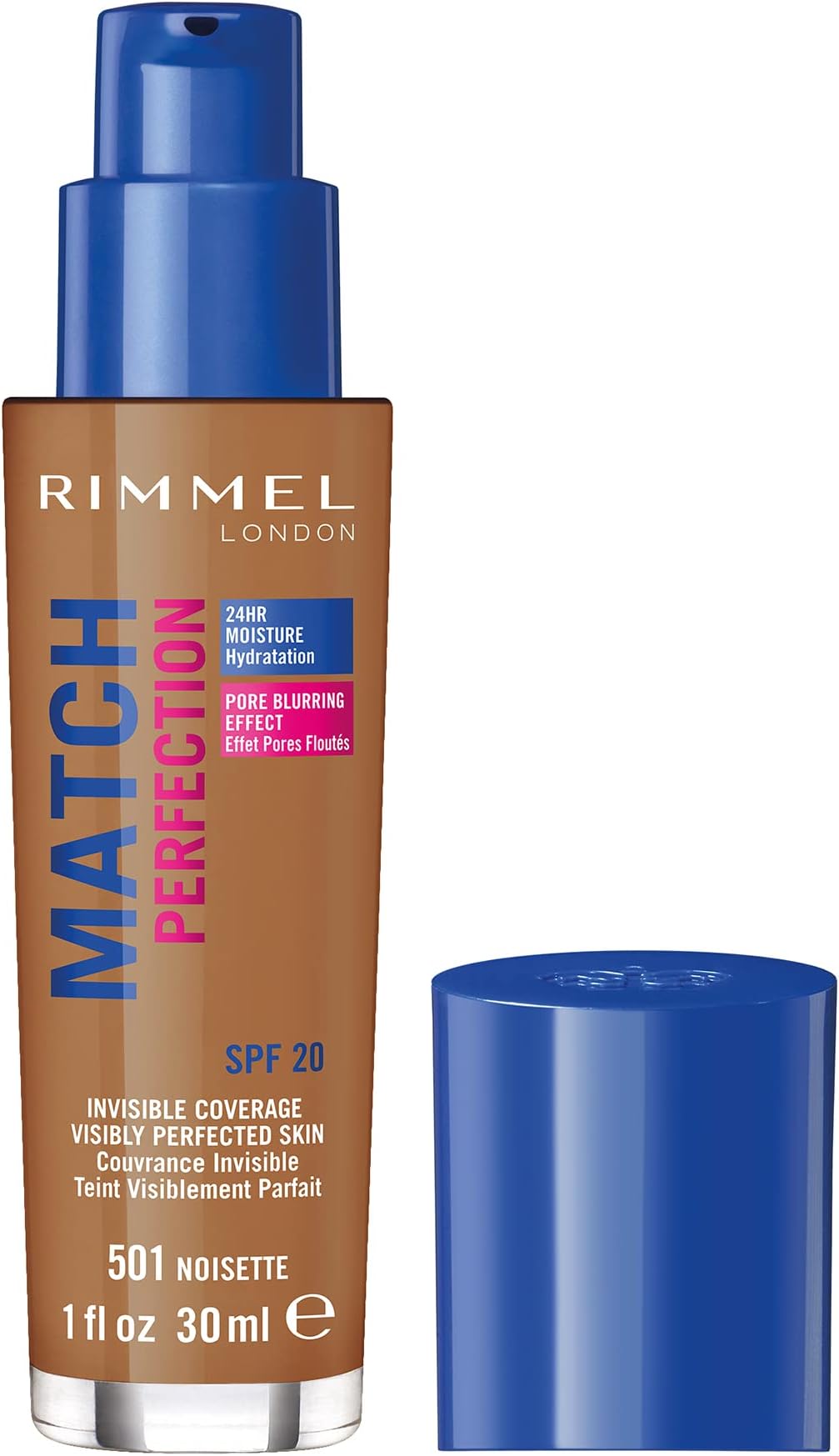 Rimmel Match Perfection Foundation 501 Noisette, Medium Coverage, 24hr Hydration, No Caking or Creasing, Lightweight, Reduces Imperfections, Invisible Coverage, SPF20, Cruelty Free