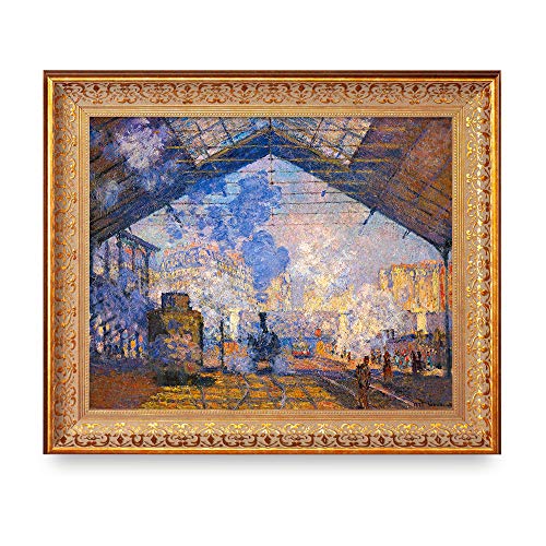 The Gare Saint-Lazare by Claude Monet Framed Size:24.5x20.5 inches,Image Size:20x16 inches World Classic Reproductions For HomeDecor,Vintage Pattern Gold Frame
