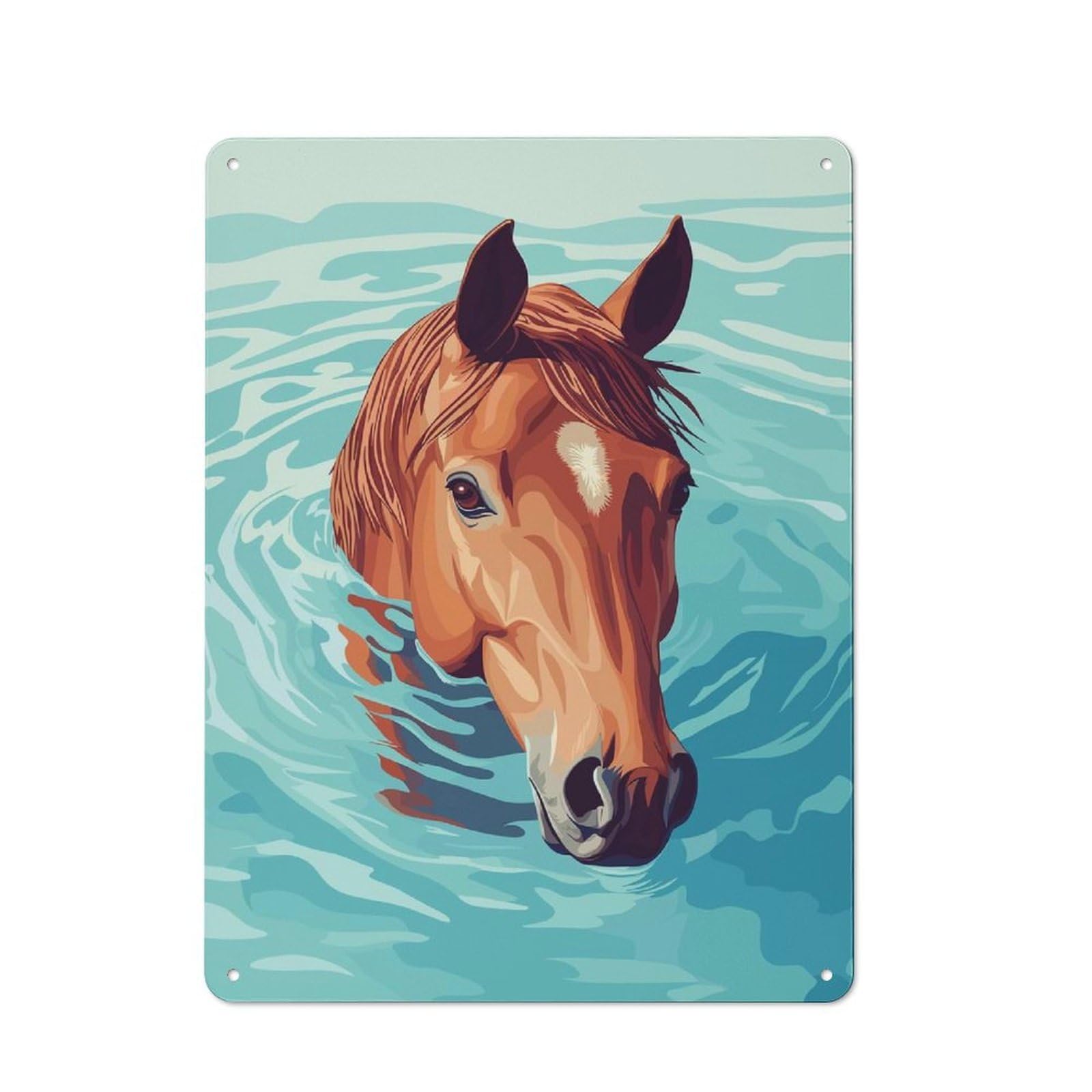 Junmoney Style-23 Tin Wall Plaque 40X30cm With Horse Swimming In Blue Water Illustration For Café Or Restaurant, New Home Wall Decor For Hospitality Interior Collectors