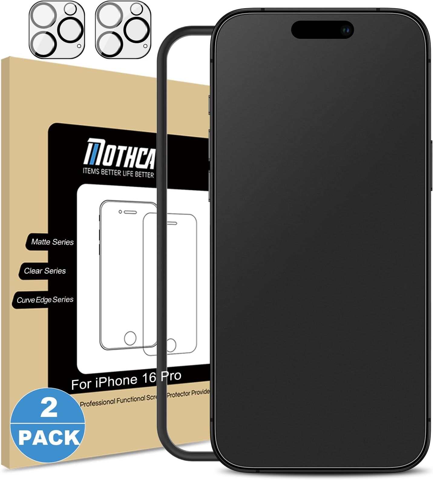Matte Screen Protector for iPhone 16 Pro, 2x 9H Matte Protective Glass Screen Protector + 2x Camera Protection, 2.5D Screen Protector Film, Anti-Glare Anti-Fingerprint Bubble-Free (6.3 Inches)