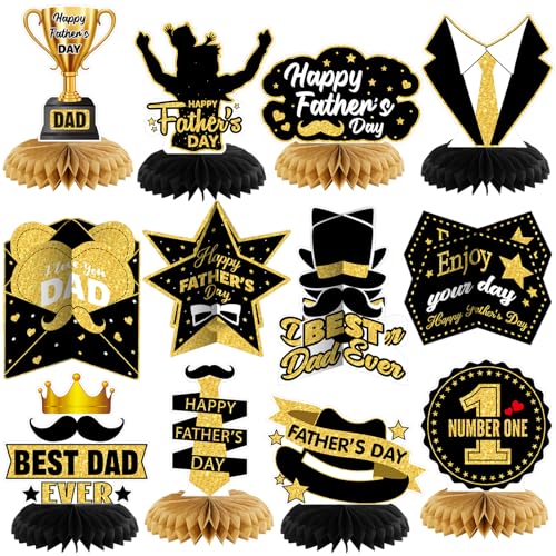 Image of 12 Pcs Father's Day Decorations Honeycomb Black and Gold Father's Day Centerpieces for Table Best Dad Ever Table Topper for Home Office Birthday Honeycomb Supplies Decor