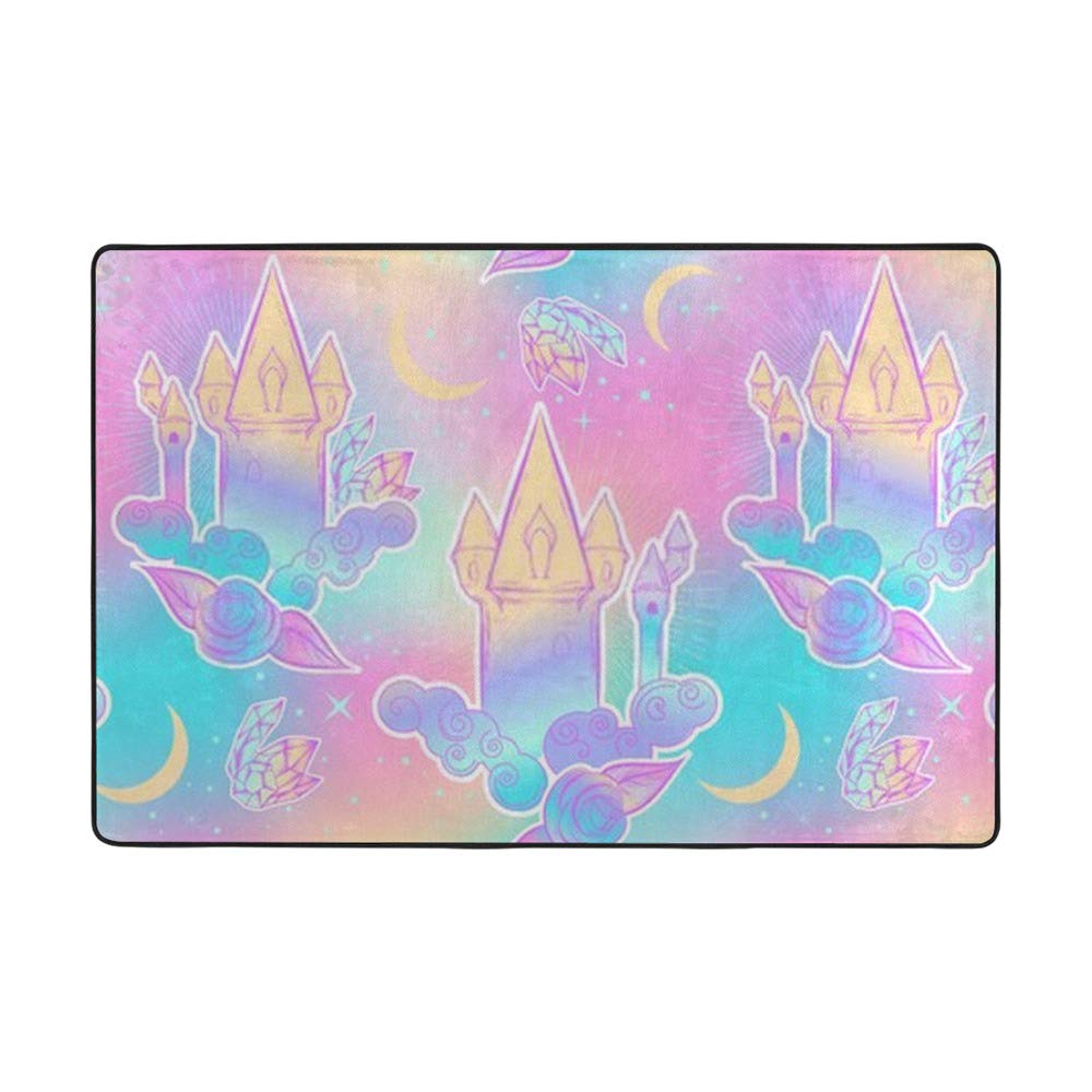 Tapis de salon élégant motif château de princesse rose finitions soignées en velours corail