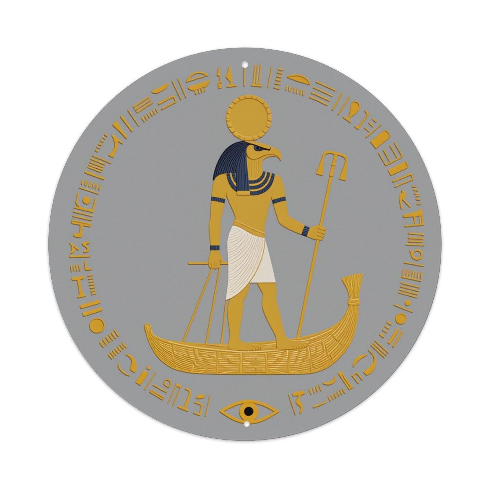 Egyptian God Ra Boat Sun Hieroglyphs Round Tin Sign Vintage Style Metal Sign Home Bar Garden Wall Plaque Decor Metal Poster 8x8 Inch