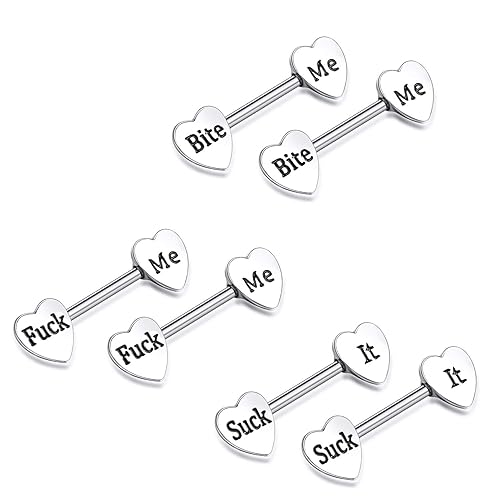 Hicarer 3 Pairs Women Rings 14G Stainless Steel Tongue Rings Barbell Heart Shape Body Piercing Jewelry - Classic Style