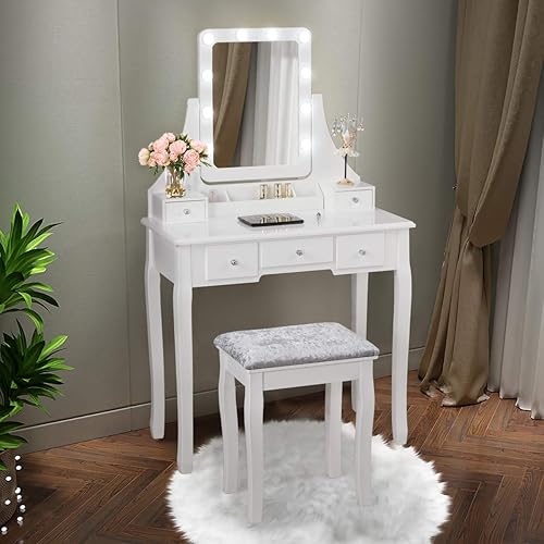 Miniatura 9 de COSTWAY Juego de escritorio de tocador con espejo iluminado, escritorio giratorio de 360 con 10 bombillas LED, tocador de maquillaje con 5 cajones,