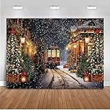 Mocsicka Christmas Train Backdrop for Photography Christmas Town Winter Train Xmas Snow Railway Christmas Tree Party Background Wonderland Snowflake Portrait Photo Studio Props (7x5ft)