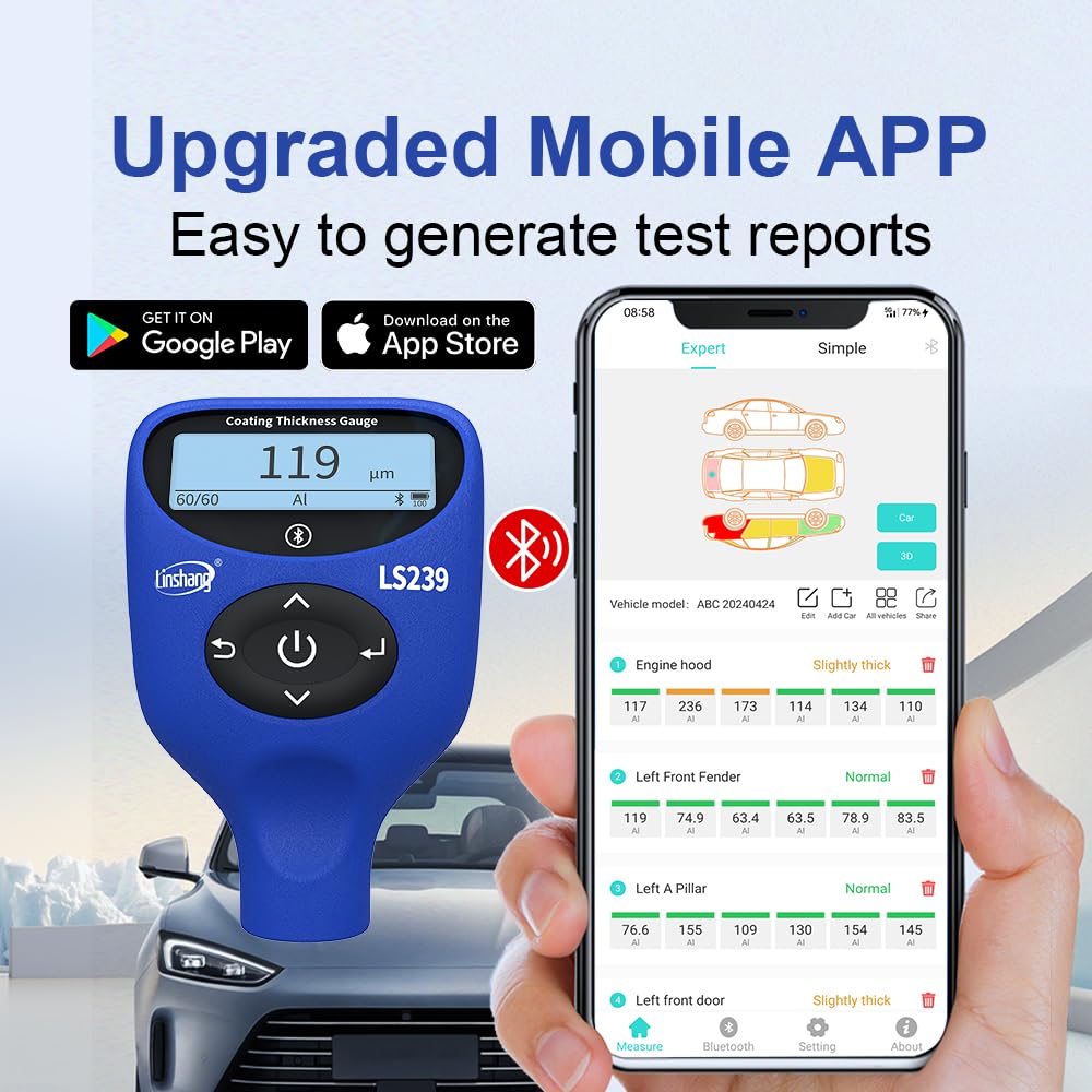 LS239 Professioneller Beschichtungsdickenmessgerät 0,0–5000 μm, Upgrade-Autolacktester, Dreifarben-Display, hochpräziser Lackmesser