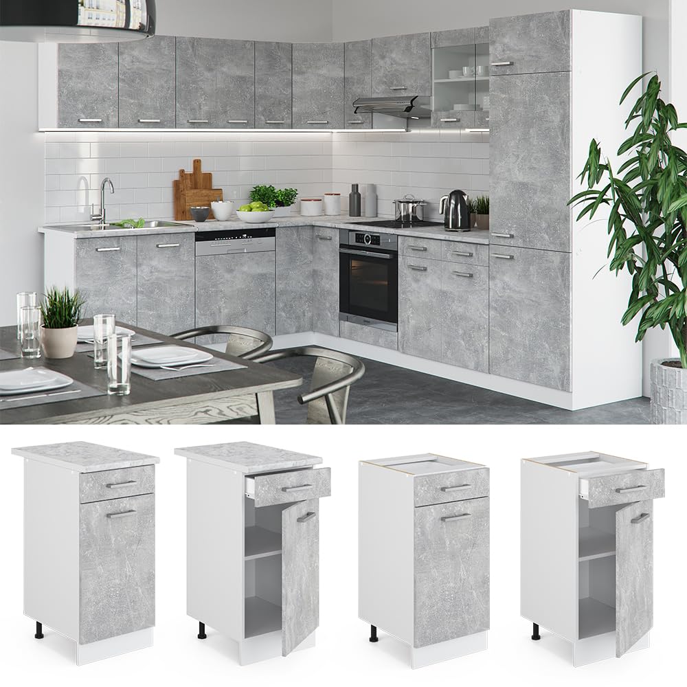 Vicco Mobiletto base per cucina R-Line, Calcestruzzo, 40 cm senza piano di lavoro, per la libera combinazione all'interno di sistemi cucina modulari