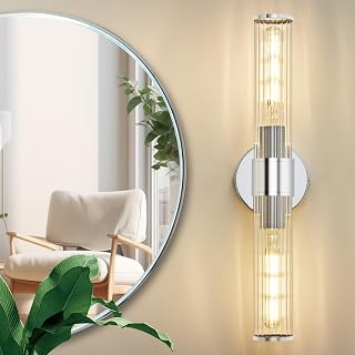 Bathroom Vanity Light Fixtures, Chrome Wall Sconce in Threaded Glass, Modern Wall Light Up and Down Wall Mount Lamp for Bathroom, Living Room, Hallway, Kitchen - Bulb Not Included