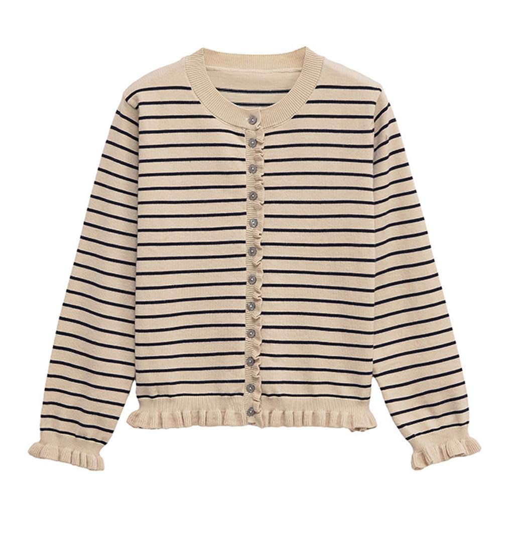 Women Crewneck Button Up Cropped Cardigan Sweaters Y2k Frilly Ruffle Knit Open Front Long Sleeve Knitwear Shirts